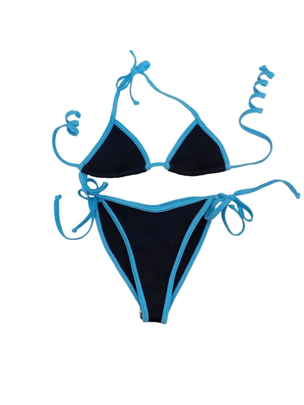 Hunza G Carmen Two-Piece Contrast Trim Triangle Bikini Set OS Black Aqua Blue